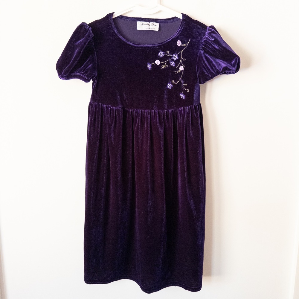 Y2K Girls Dark Purple Velvet Dress Sz 6 Puff Sleeve Floral Holiday Winter Retro